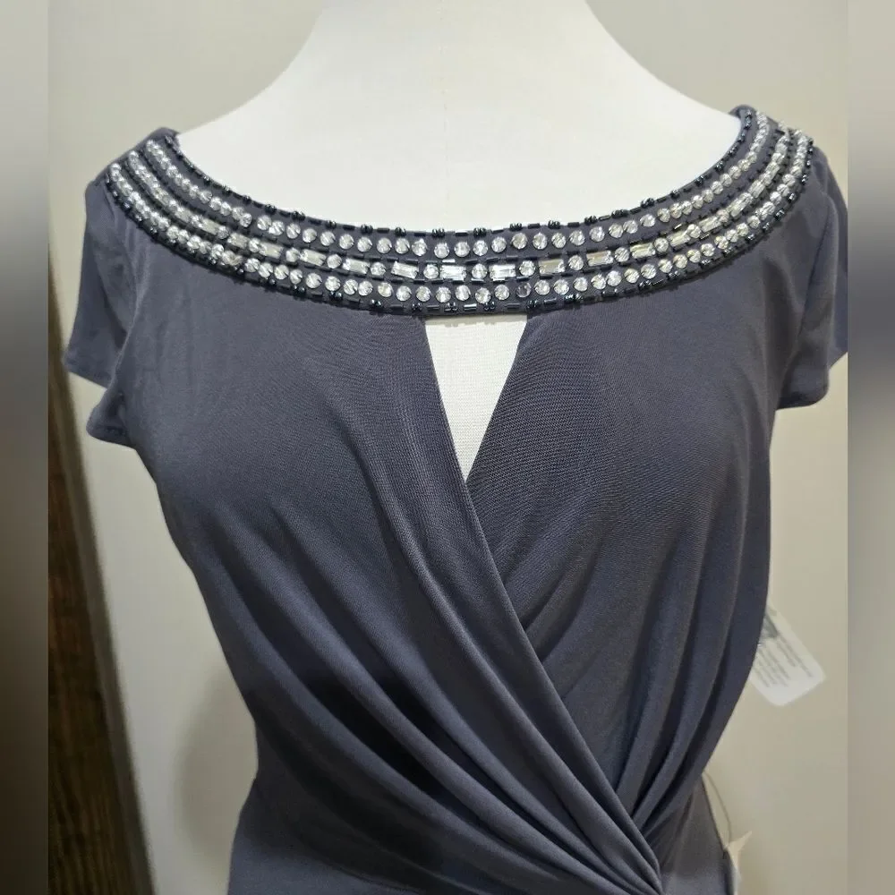 Alex Evenings Embellished Neck Cap Sleeve Column Gown NWT size 10 Charcoal Gray